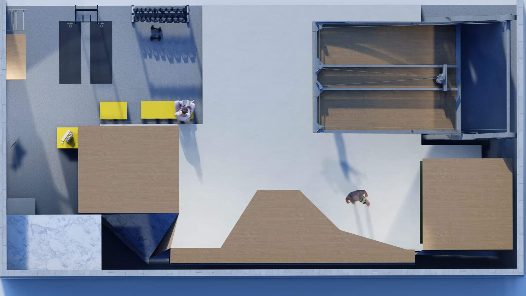 Wall Walkers facility concept rendering showing detailed layout with bouldering areas, reception, and specialized climbing boards